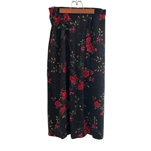 Vintage LT by Liz Thomas Rayon Floral Elastic Waist Black Red Maxi Skirt Large - Picture 1 of 11